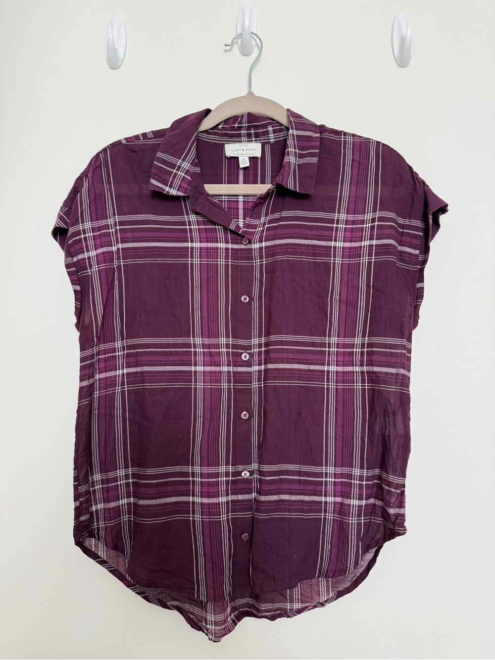 Lucky Brand Plum Plaid Short-Sleeve Button-Down Shirt Casual Fall Top